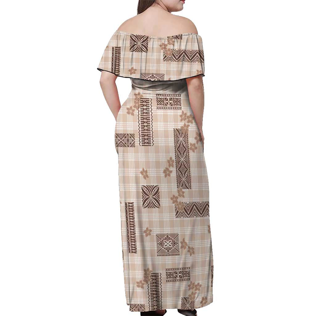 Hawaiian Quilt Tapa On Beige Palaka Motifs Off Shoulder Maxi Dress LT7 - Polynesian Pride