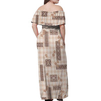Hawaiian Quilt Tapa On Beige Palaka Motifs Off Shoulder Maxi Dress LT7 - Polynesian Pride