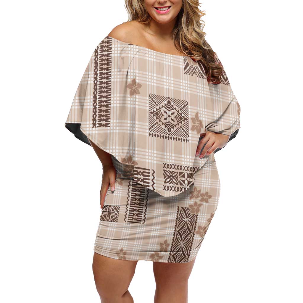 Hawaiian Quilt Tapa On Beige Palaka Motifs Off Shoulder Short Dress LT7 Women Beige - Polynesian Pride