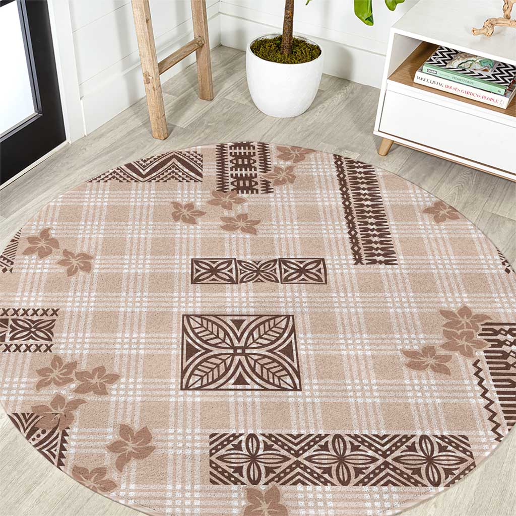 Hawaiian Quilt Tapa On Beige Palaka Motifs Round Carpet LT7 Beige - Polynesian Pride