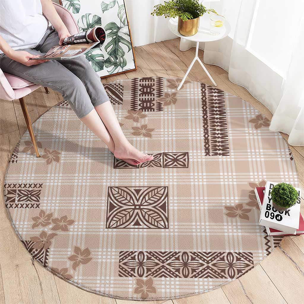 Hawaiian Quilt Tapa On Beige Palaka Motifs Round Carpet LT7 - Polynesian Pride