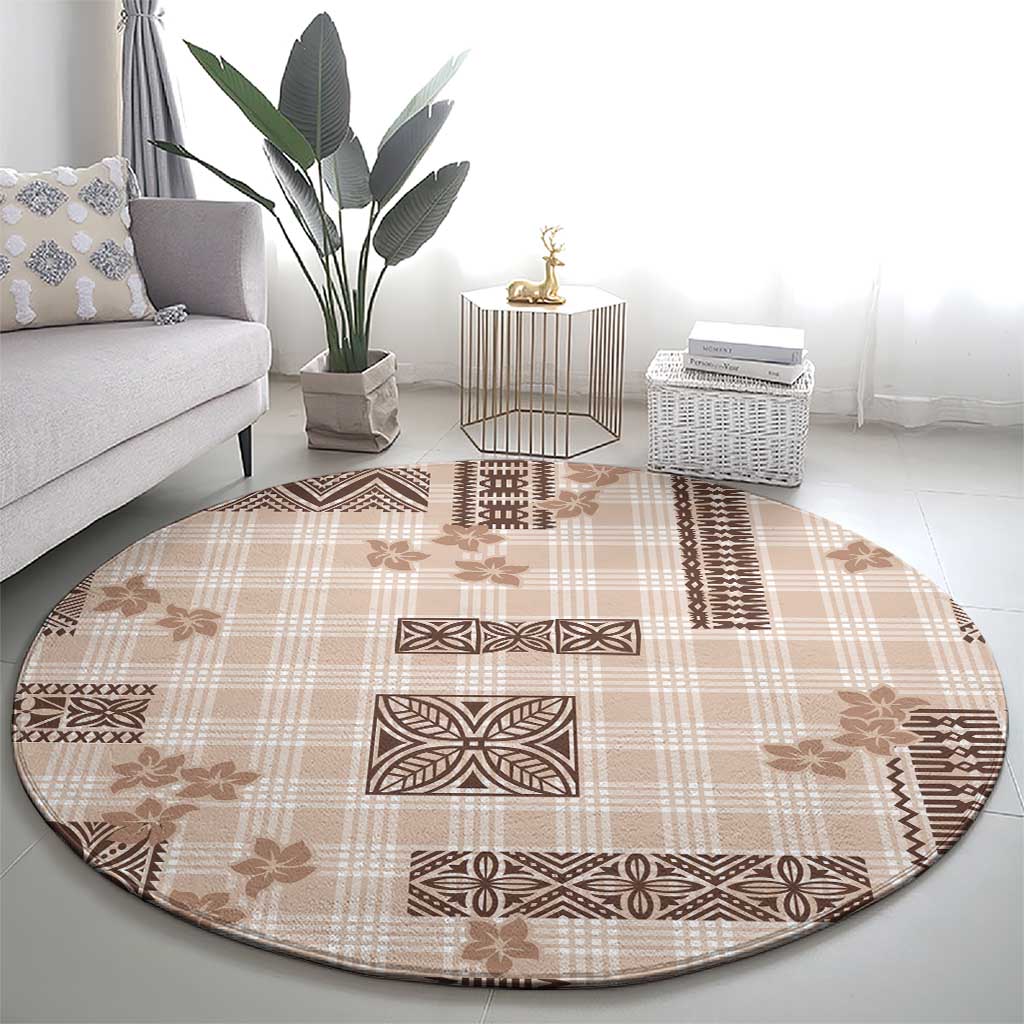 Hawaiian Quilt Tapa On Beige Palaka Motifs Round Carpet LT7 - Polynesian Pride
