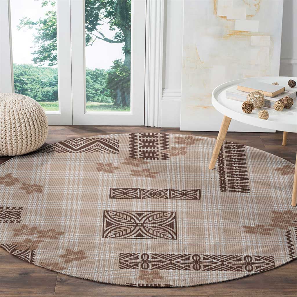 Hawaiian Quilt Tapa On Beige Palaka Motifs Round Carpet LT7 - Polynesian Pride
