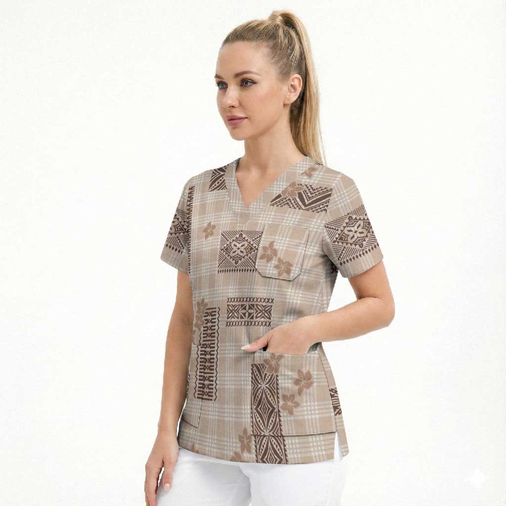 Hawaiian Quilt Tapa On Beige Palaka Motifs Scrub Top