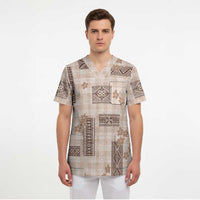 Hawaiian Quilt Tapa On Beige Palaka Motifs Scrub Top