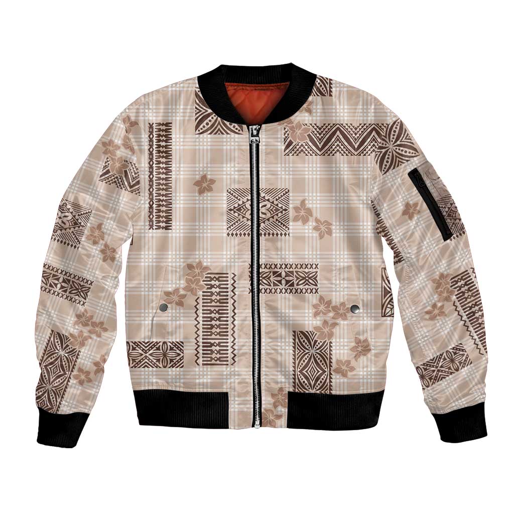 Hawaiian Quilt Tapa On Beige Palaka Motifs Sleeve Zip Bomber Jacket LT7 Unisex Beige - Polynesian Pride