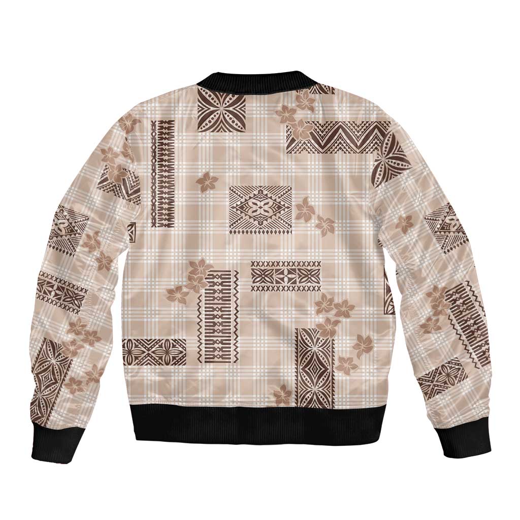 Hawaiian Quilt Tapa On Beige Palaka Motifs Sleeve Zip Bomber Jacket LT7 - Polynesian Pride