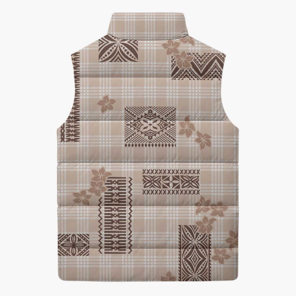 Hawaiian Quilt Tapa On Beige Palaka Motifs Sleeveless Puffer Jacket LT7 - Polynesian Pride