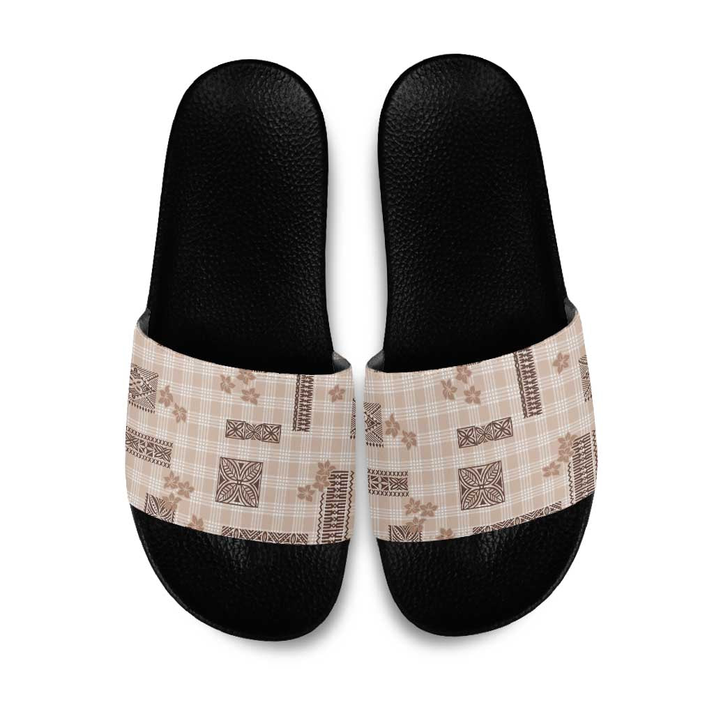 Hawaiian Quilt Tapa On Beige Palaka Motifs Slide Sandals LT7 Beige - Polynesian Pride