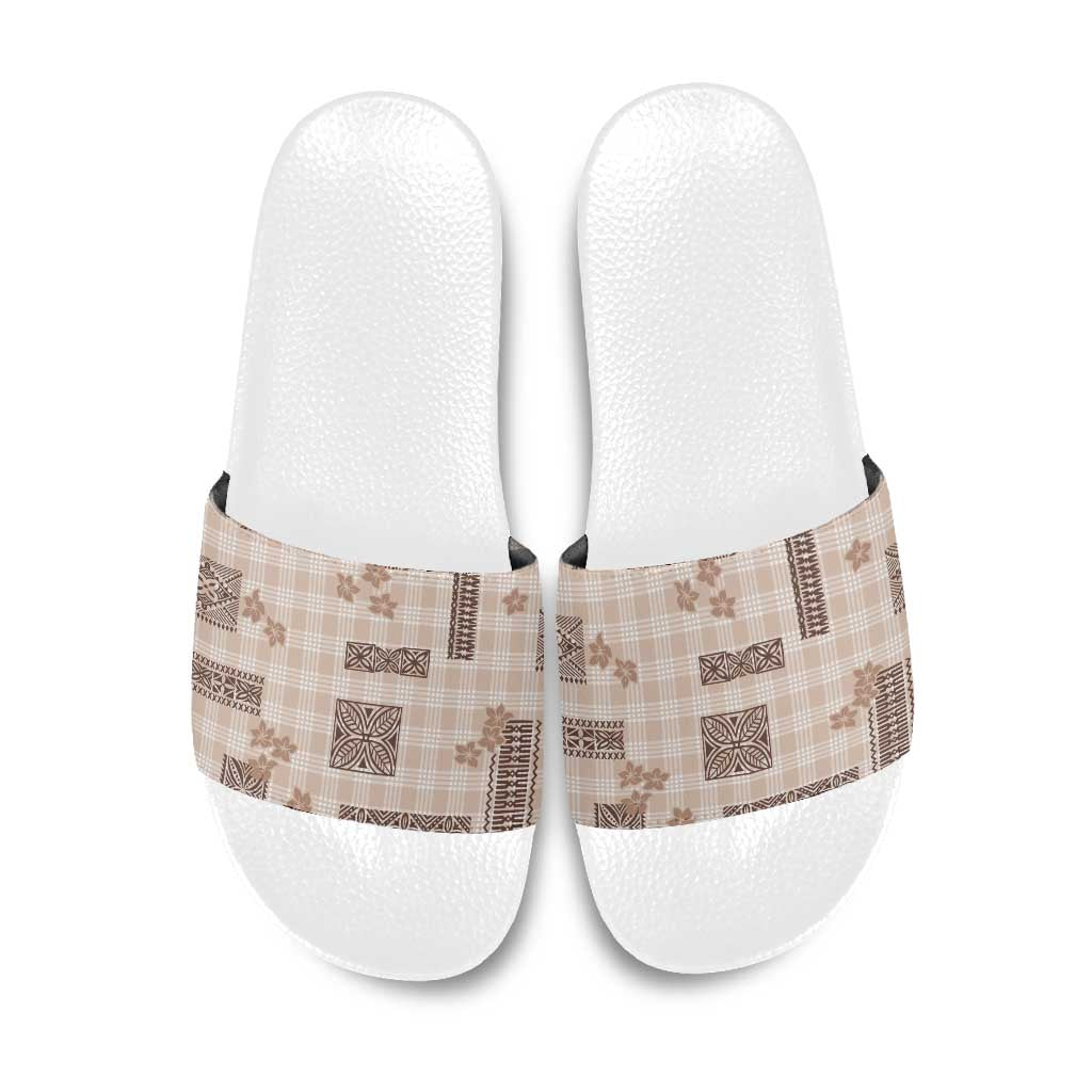 Hawaiian Quilt Tapa On Beige Palaka Motifs Slide Sandals LT7 Beige - Polynesian Pride