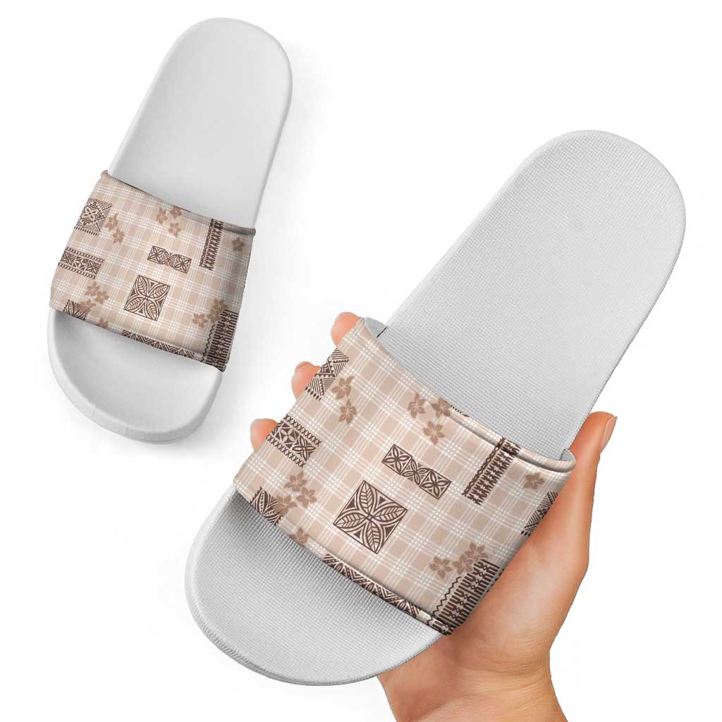 Hawaiian Quilt Tapa On Beige Palaka Motifs Slide Sandals LT7 - Polynesian Pride
