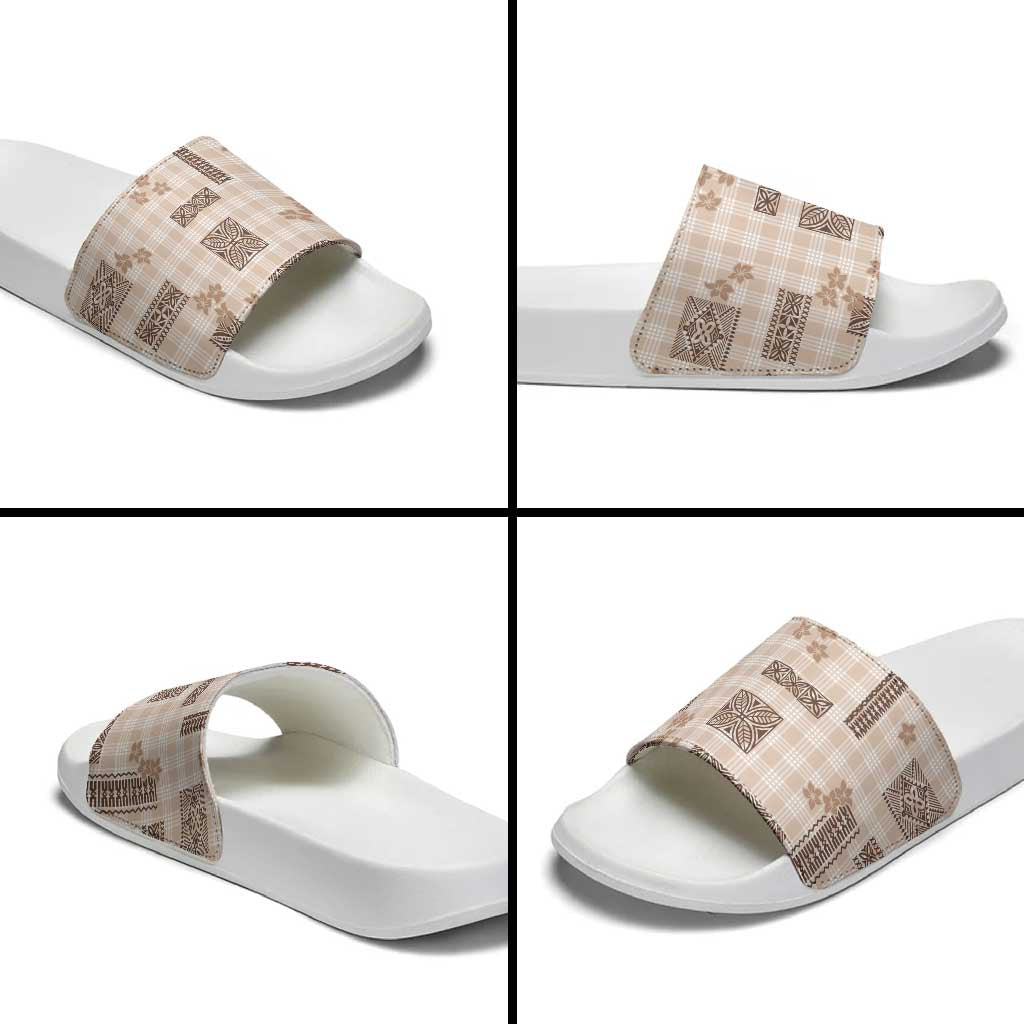 Hawaiian Quilt Tapa On Beige Palaka Motifs Slide Sandals LT7 - Polynesian Pride
