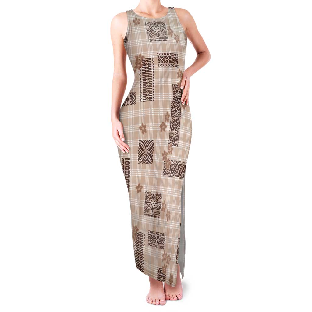 Hawaiian Quilt Tapa On Beige Palaka Motifs Tank Maxi Dress LT7 Women Beige - Polynesian Pride