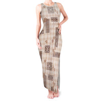 Hawaiian Quilt Tapa On Beige Palaka Motifs Tank Maxi Dress LT7 Women Beige - Polynesian Pride