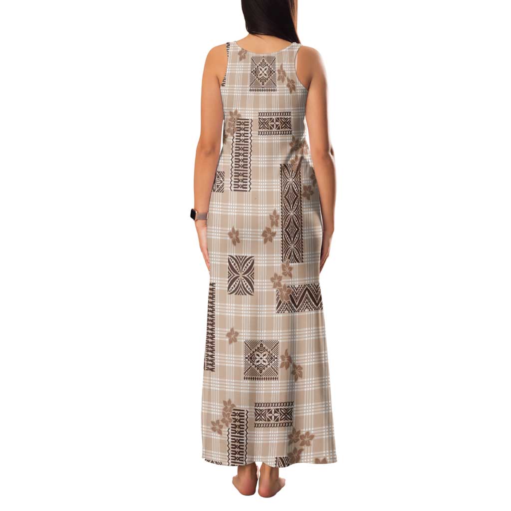 Hawaiian Quilt Tapa On Beige Palaka Motifs Tank Maxi Dress LT7 - Polynesian Pride