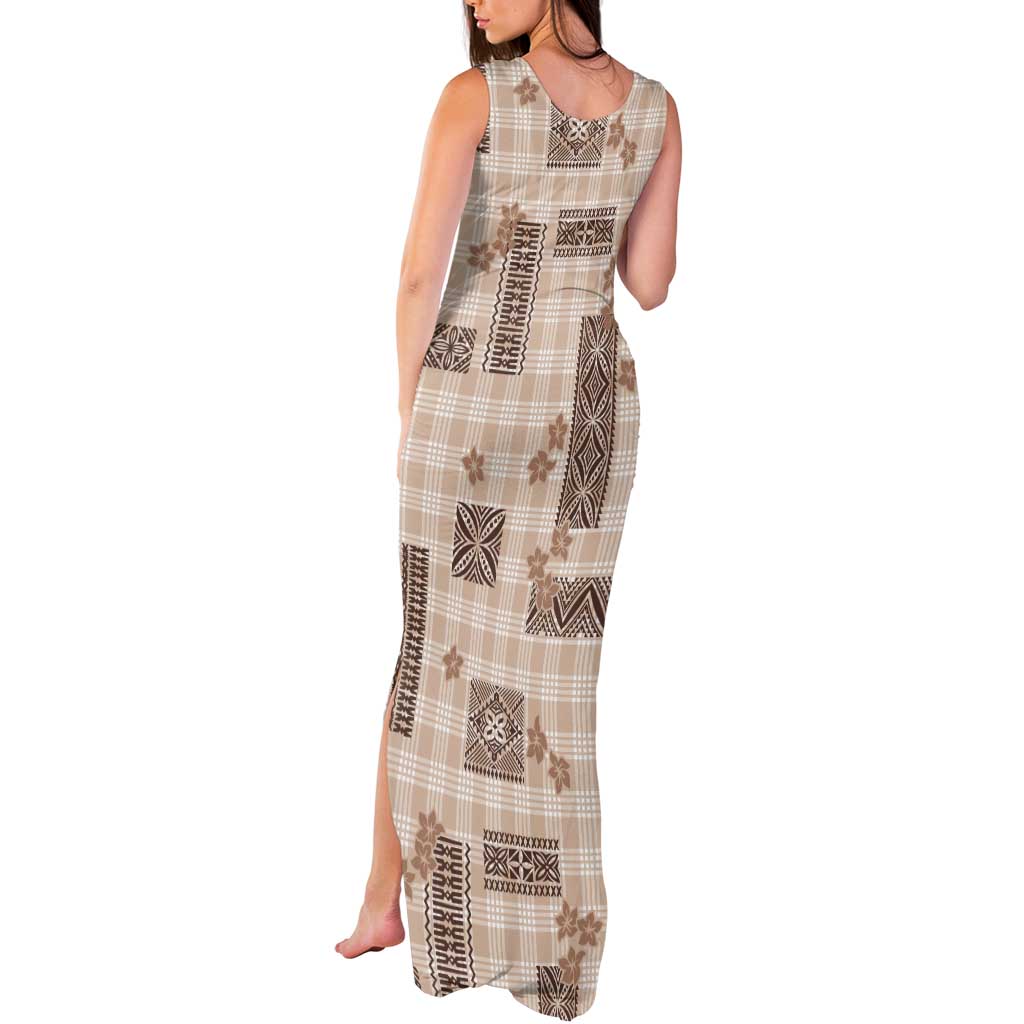 Hawaiian Quilt Tapa On Beige Palaka Motifs Tank Maxi Dress LT7 - Polynesian Pride