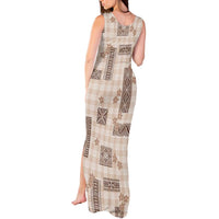 Hawaiian Quilt Tapa On Beige Palaka Motifs Tank Maxi Dress LT7 - Polynesian Pride