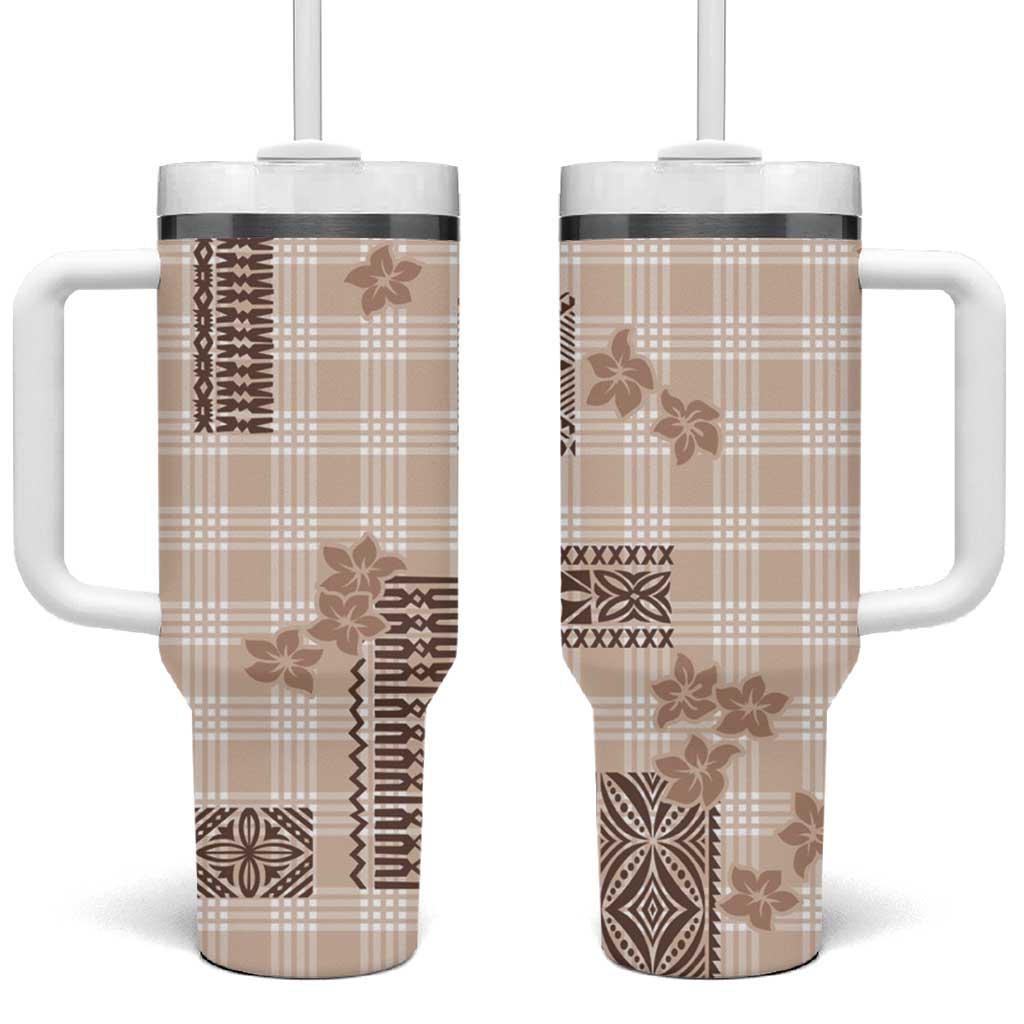 Hawaiian Quilt Tapa On Beige Palaka Motifs Tumbler With Handle LT7 One Size: 40 oz Beige - Polynesian Pride