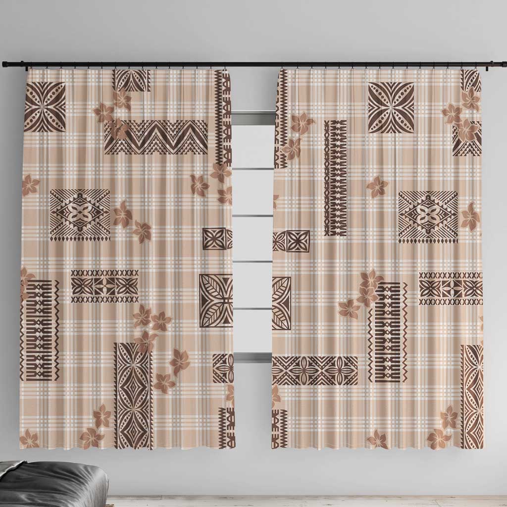 Hawaiian Quilt Tapa On Beige Palaka Motifs Window Curtain LT7 With Hooks Beige - Polynesian Pride