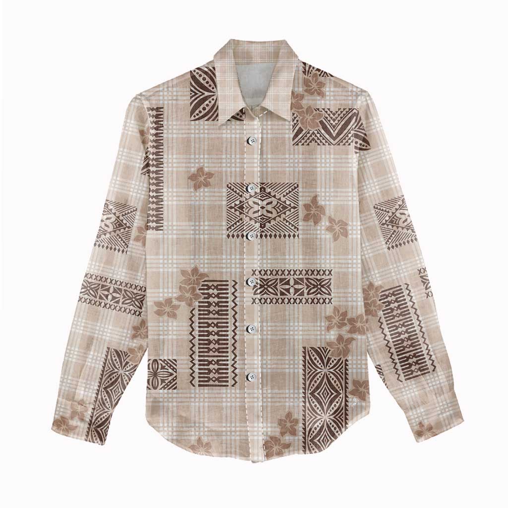 Hawaiian Quilt Tapa On Beige Palaka Motifs Women Casual Shirt LT7 - Polynesian Pride