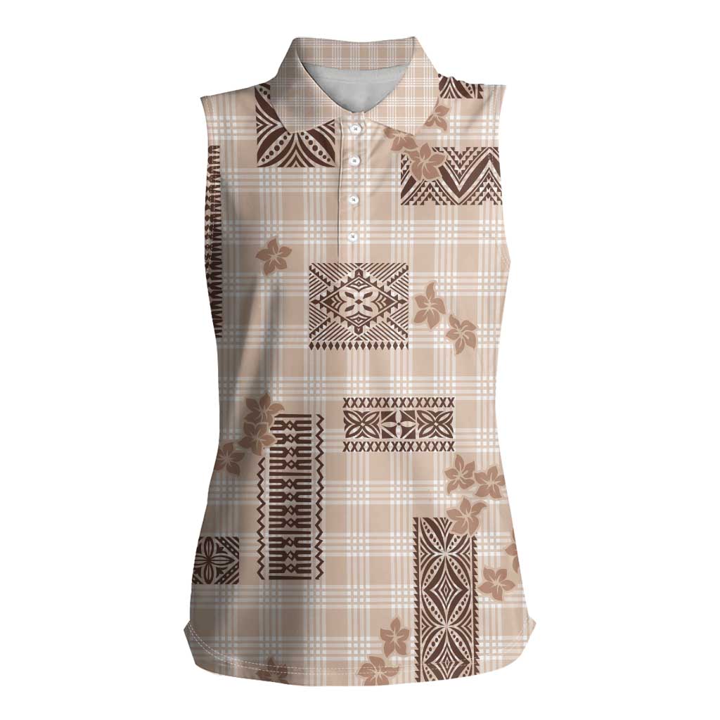 Hawaiian Quilt Tapa On Beige Palaka Motifs Women Sleeveless Polo Shirt LT7 Female Beige - Polynesian Pride