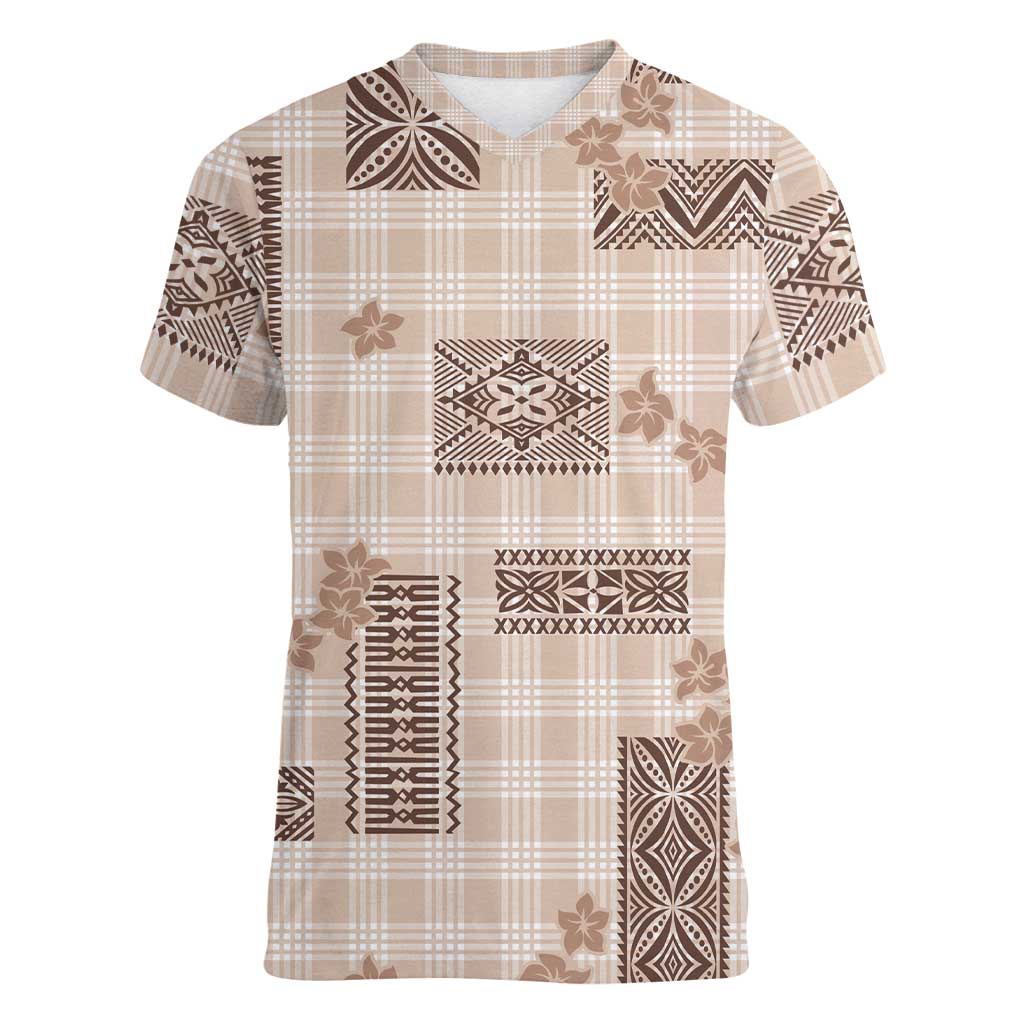 Hawaiian Quilt Tapa On Beige Palaka Motifs Women V-Neck T-Shirt LT7 Female Beige - Polynesian Pride