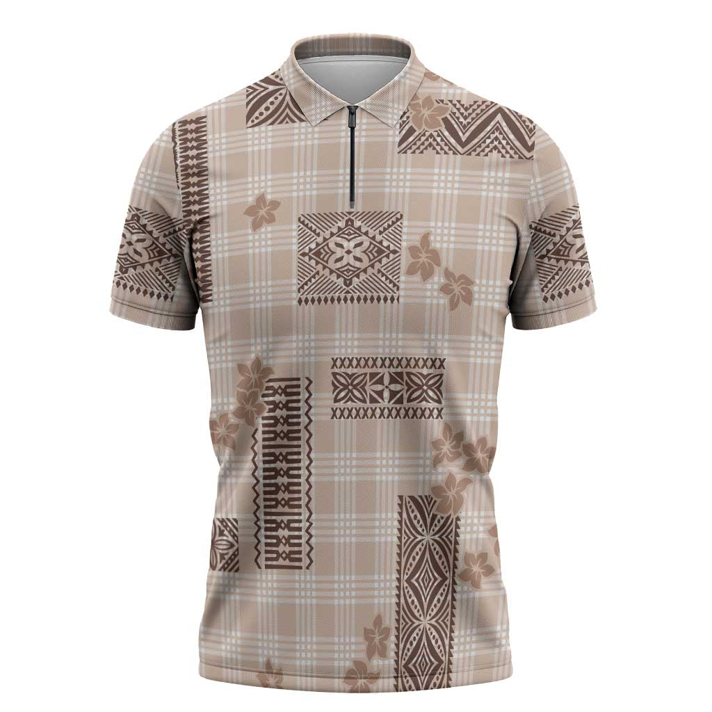 Hawaiian Quilt Tapa On Beige Palaka Motifs Zipper Polo Shirt LT7 Beige - Polynesian Pride