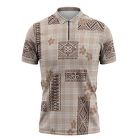 Hawaiian Quilt Tapa On Beige Palaka Motifs Zipper Polo Shirt LT7 Beige - Polynesian Pride