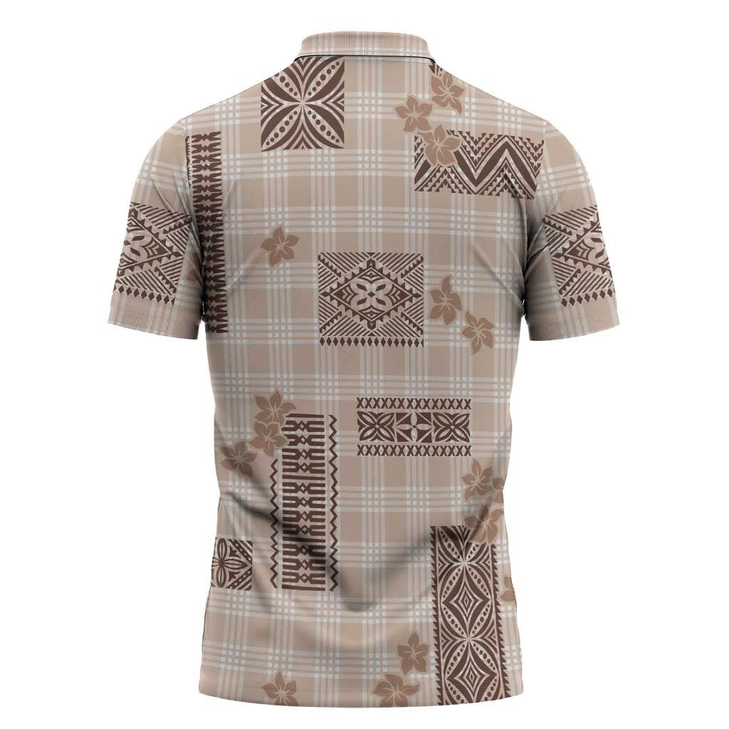 Hawaiian Quilt Tapa On Beige Palaka Motifs Zipper Polo Shirt LT7 - Polynesian Pride