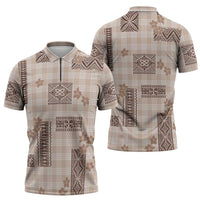 Hawaiian Quilt Tapa On Beige Palaka Motifs Zipper Polo Shirt LT7 - Polynesian Pride