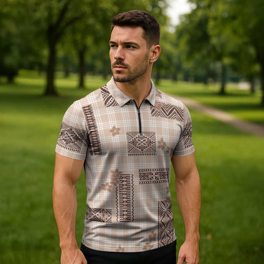 Hawaiian Quilt Tapa On Beige Palaka Motifs Zipper Polo Shirt LT7 - Polynesian Pride