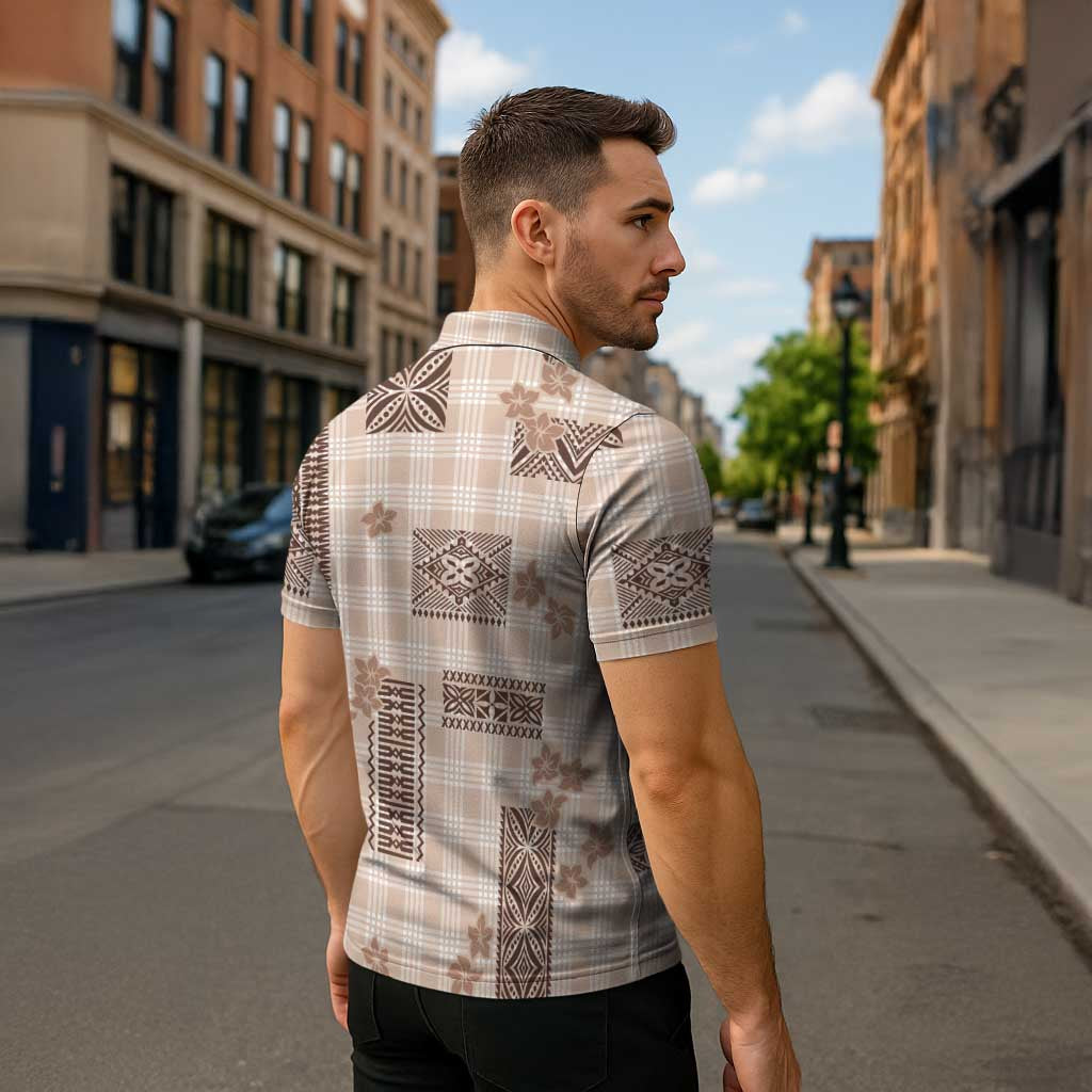 Hawaiian Quilt Tapa On Beige Palaka Motifs Zipper Polo Shirt LT7 - Polynesian Pride