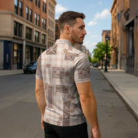 Hawaiian Quilt Tapa On Beige Palaka Motifs Zipper Polo Shirt LT7 - Polynesian Pride