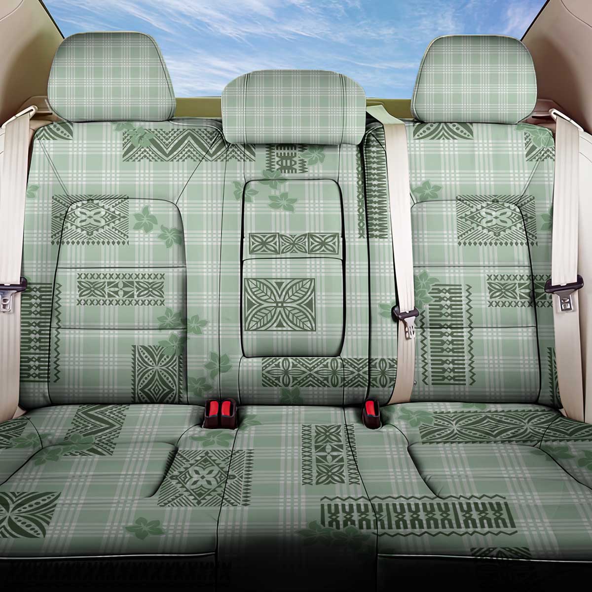 Hawaiian Quilt Tapa On Pastel Mint Palaka Motifs Back Car Seat Cover LT7 One Size Mint - Polynesian Pride