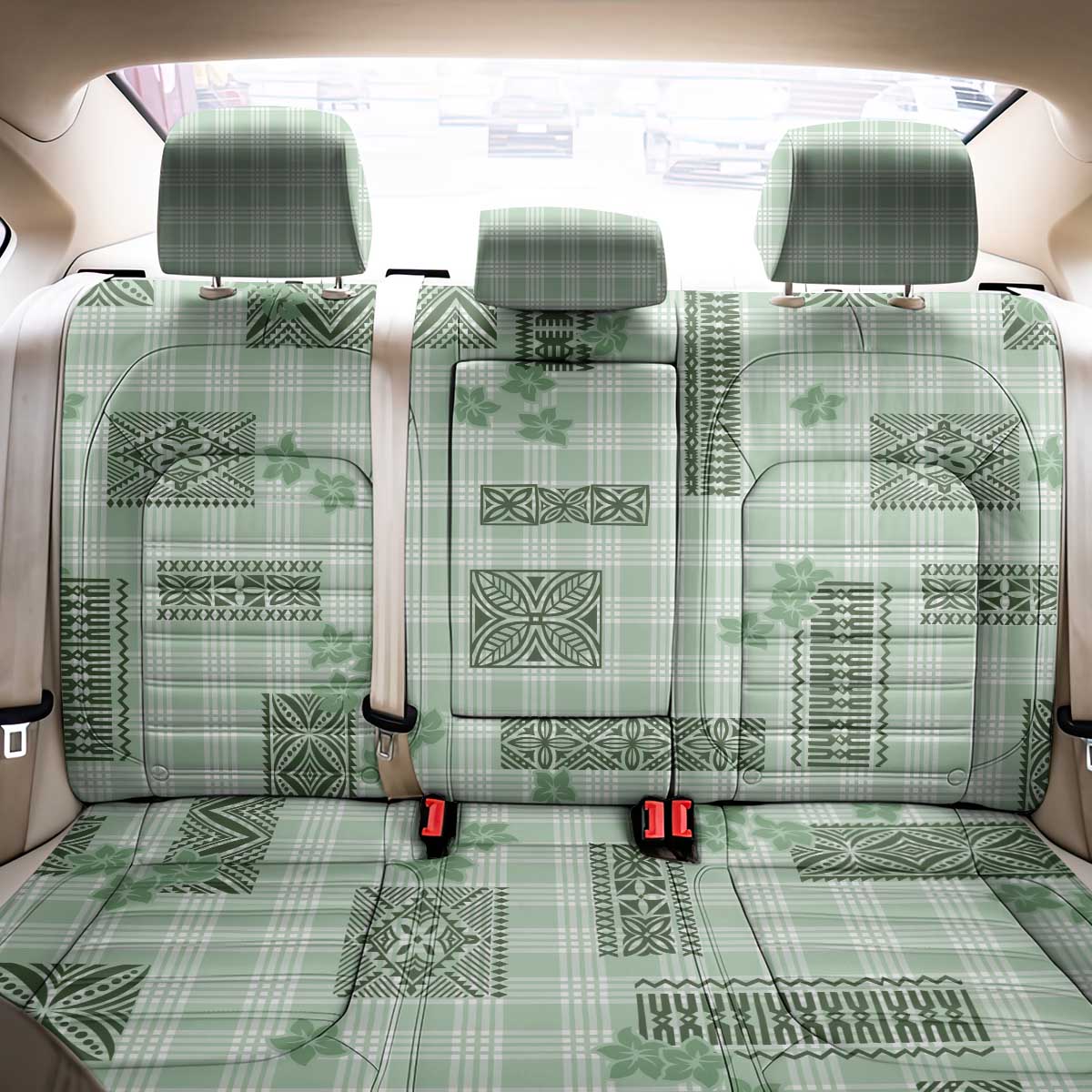 Hawaiian Quilt Tapa On Pastel Mint Palaka Motifs Back Car Seat Cover LT7 - Polynesian Pride