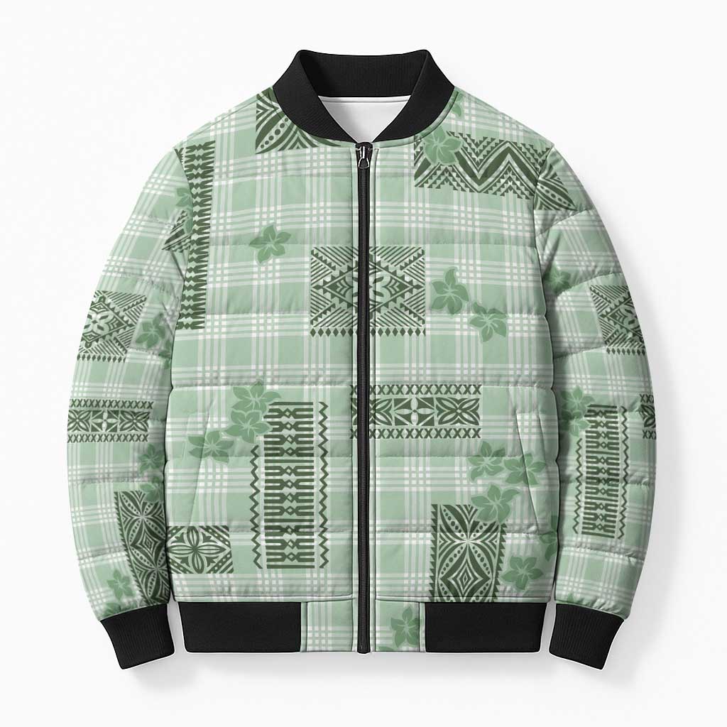 Hawaiian Quilt Tapa On Pastel Mint Palaka Motifs Bomber Puffer Jacket LT7 Unisex Mint - Polynesian Pride