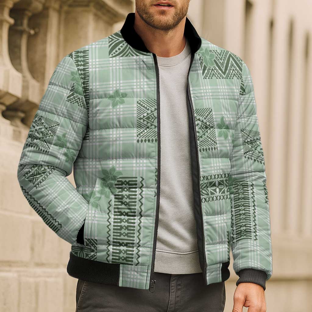 Hawaiian Quilt Tapa On Pastel Mint Palaka Motifs Bomber Puffer Jacket LT7 - Polynesian Pride