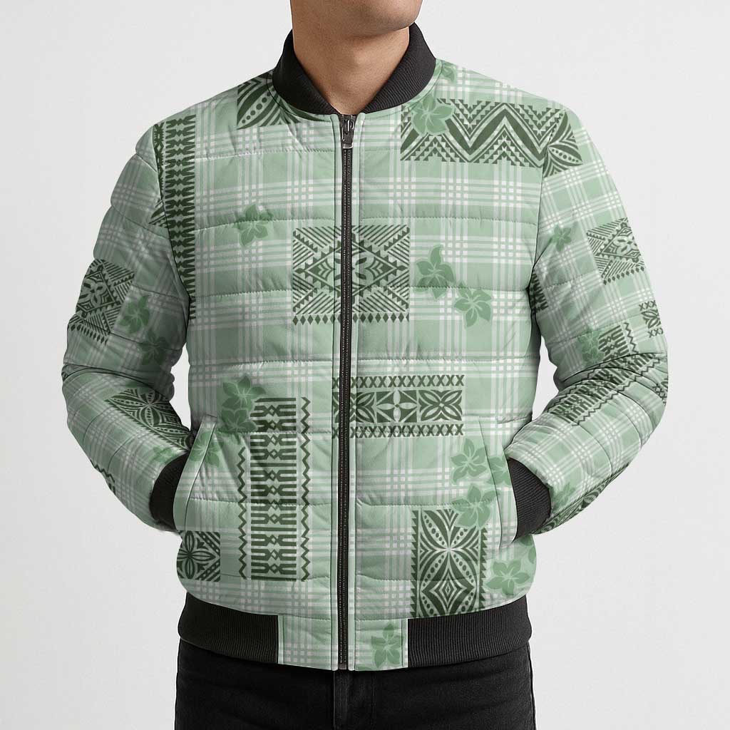Hawaiian Quilt Tapa On Pastel Mint Palaka Motifs Bomber Puffer Jacket LT7 - Polynesian Pride