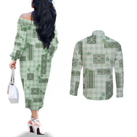 Hawaiian Quilt Tapa On Pastel Mint Palaka Motifs Couples Matching Off The Shoulder Long Sleeve Dress and Long Sleeve Button Shirt