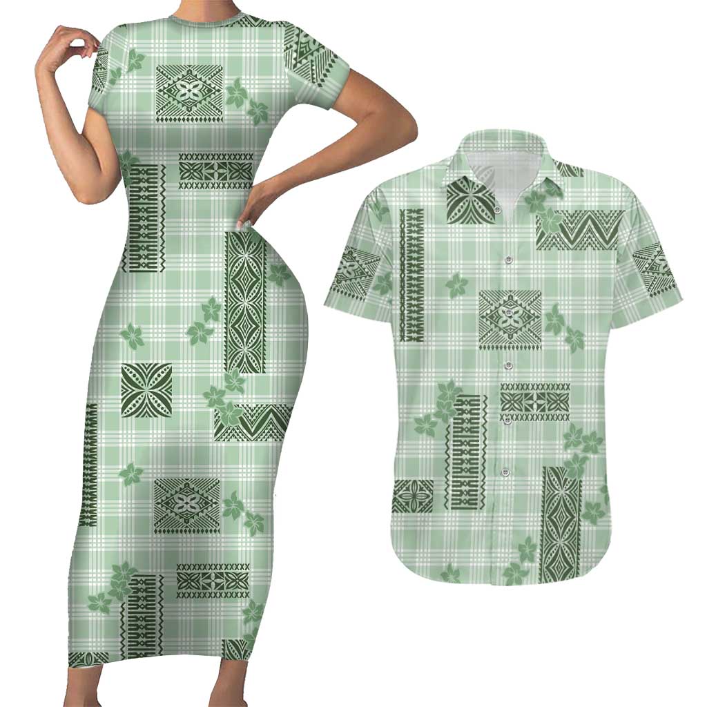 Hawaiian Quilt Tapa On Pastel Mint Palaka Motifs Couples Matching Short Sleeve Bodycon Dress and Hawaiian Shirt