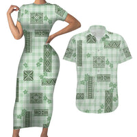 Hawaiian Quilt Tapa On Pastel Mint Palaka Motifs Couples Matching Short Sleeve Bodycon Dress and Hawaiian Shirt