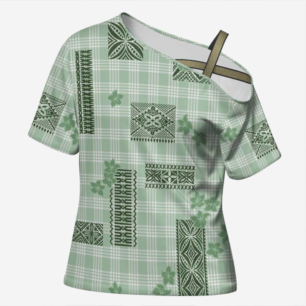 Hawaiian Quilt Tapa On Pastel Mint Palaka Motifs Cross Shoulder Shirt LT7 Female Mint - Polynesian Pride