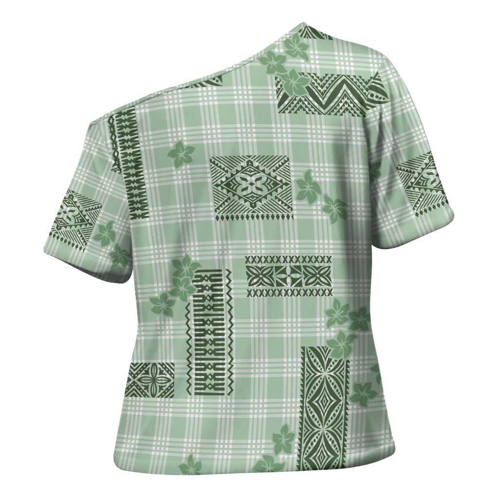 Hawaiian Quilt Tapa On Pastel Mint Palaka Motifs Cross Shoulder Shirt LT7 - Polynesian Pride