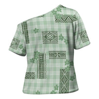 Hawaiian Quilt Tapa On Pastel Mint Palaka Motifs Cross Shoulder Shirt LT7 - Polynesian Pride