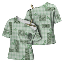 Hawaiian Quilt Tapa On Pastel Mint Palaka Motifs Cross Shoulder Shirt LT7 - Polynesian Pride