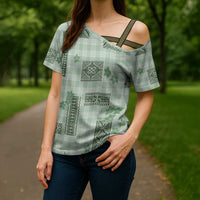 Hawaiian Quilt Tapa On Pastel Mint Palaka Motifs Cross Shoulder Shirt LT7 - Polynesian Pride