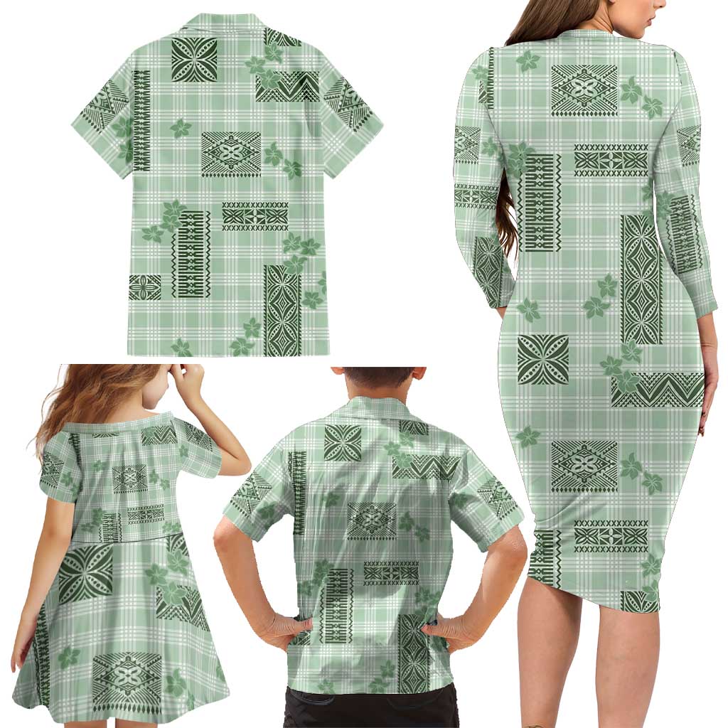 Hawaiian Quilt Tapa On Pastel Mint Palaka Motifs Family Matching Long Sleeve Bodycon Dress and Hawaiian Shirt