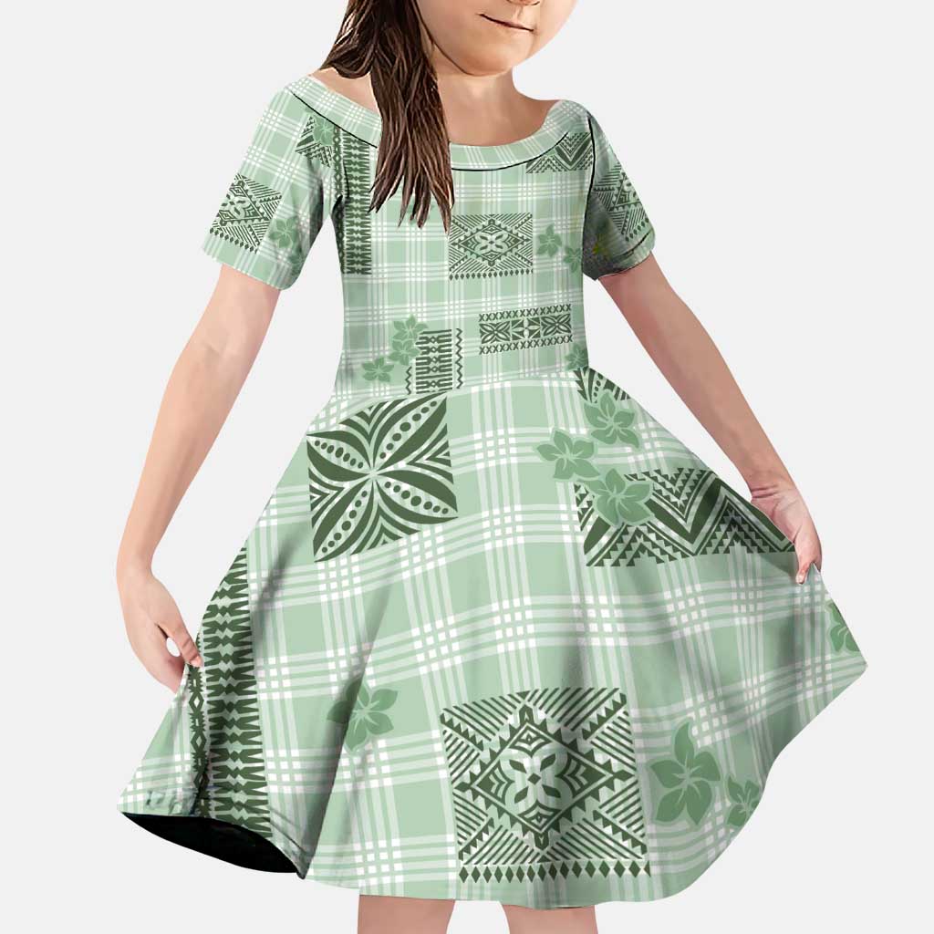 Hawaiian Quilt Tapa On Pastel Mint Palaka Motifs Family Matching Mermaid Dress and Hawaiian Shirt