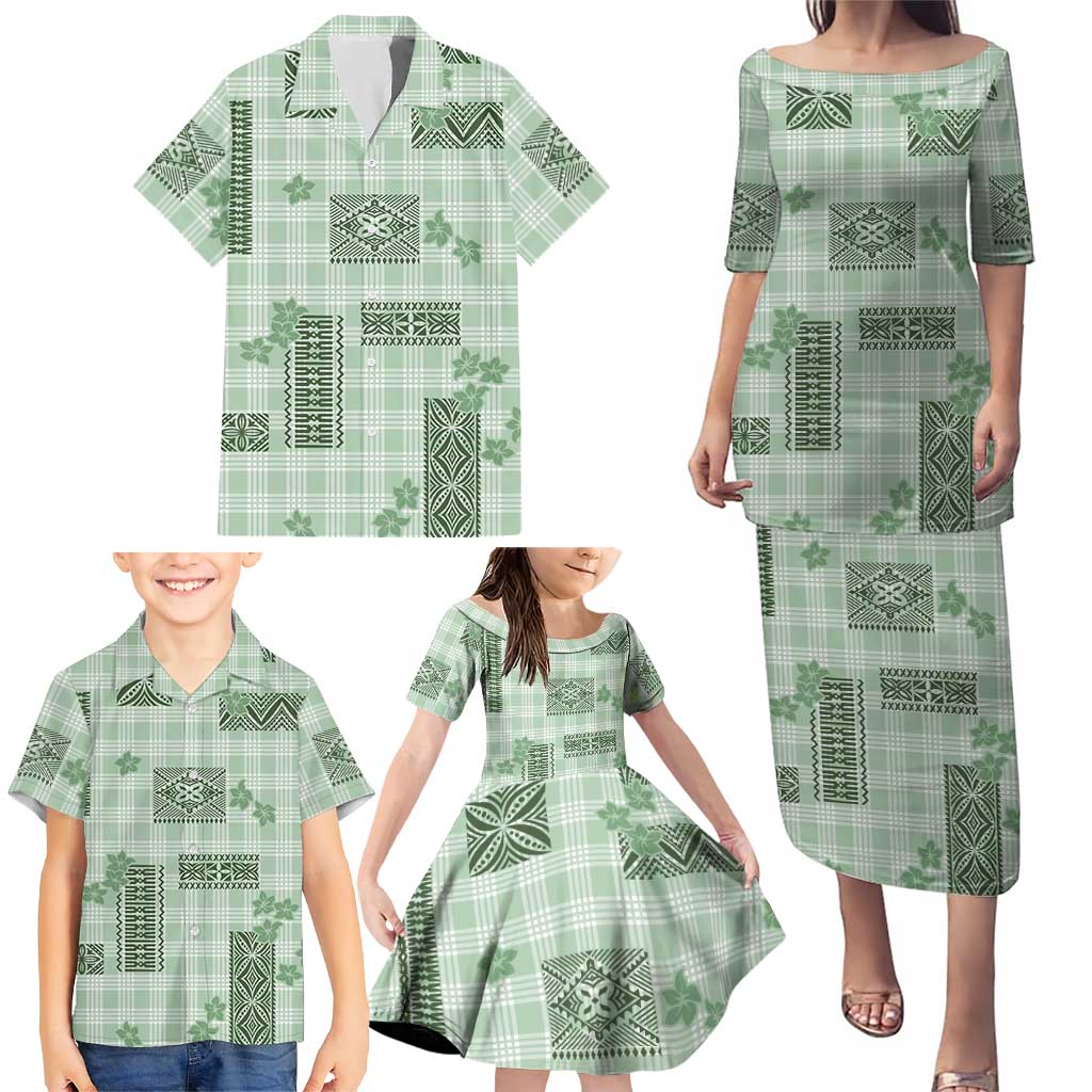 Hawaiian Quilt Tapa On Pastel Mint Palaka Motifs Family Matching Puletasi and Hawaiian Shirt