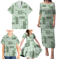 Hawaiian Quilt Tapa On Pastel Mint Palaka Motifs Family Matching Puletasi and Hawaiian Shirt